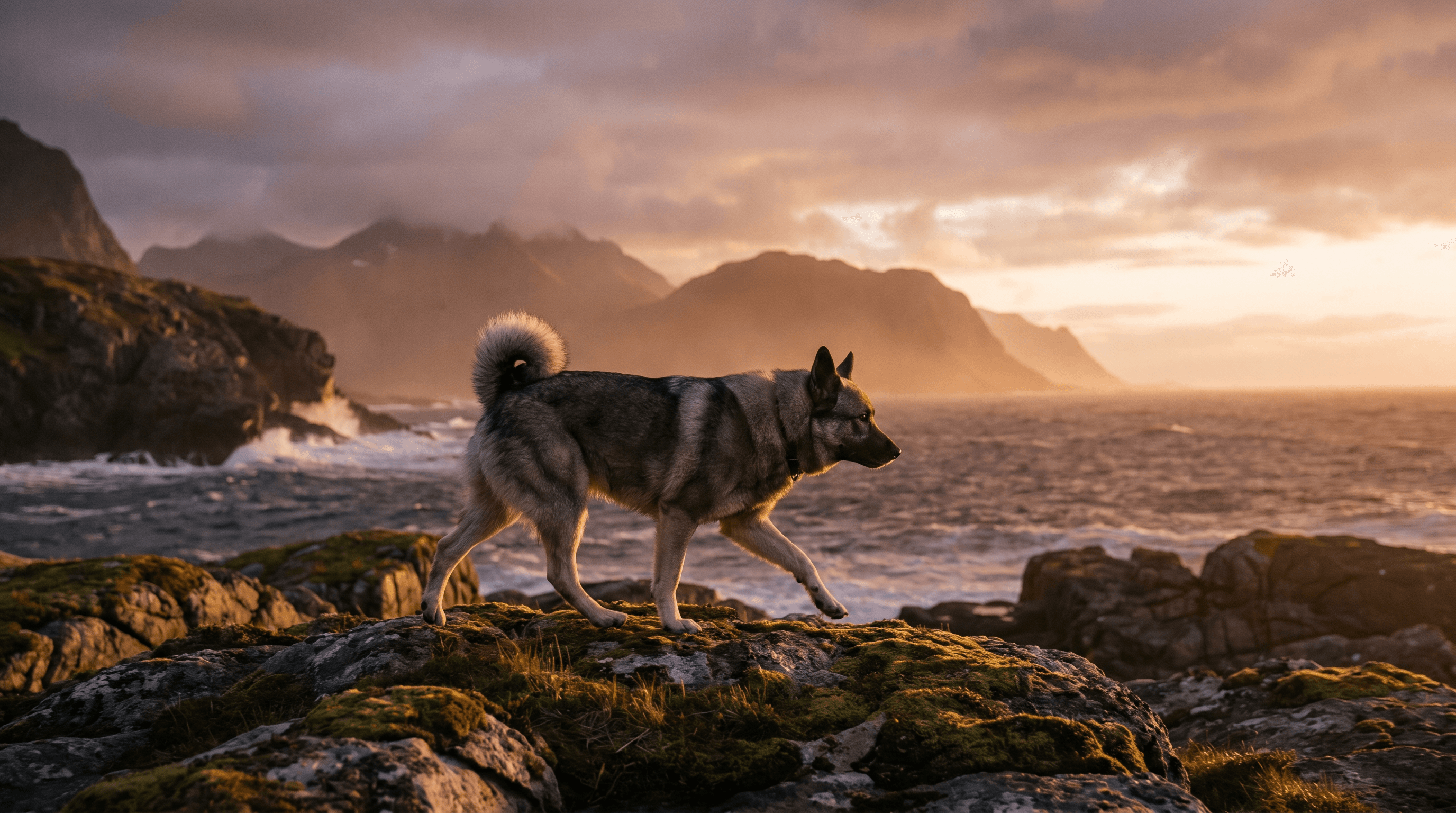 Hund ved norsk kyst, nær tørkestativer for hvit fisk