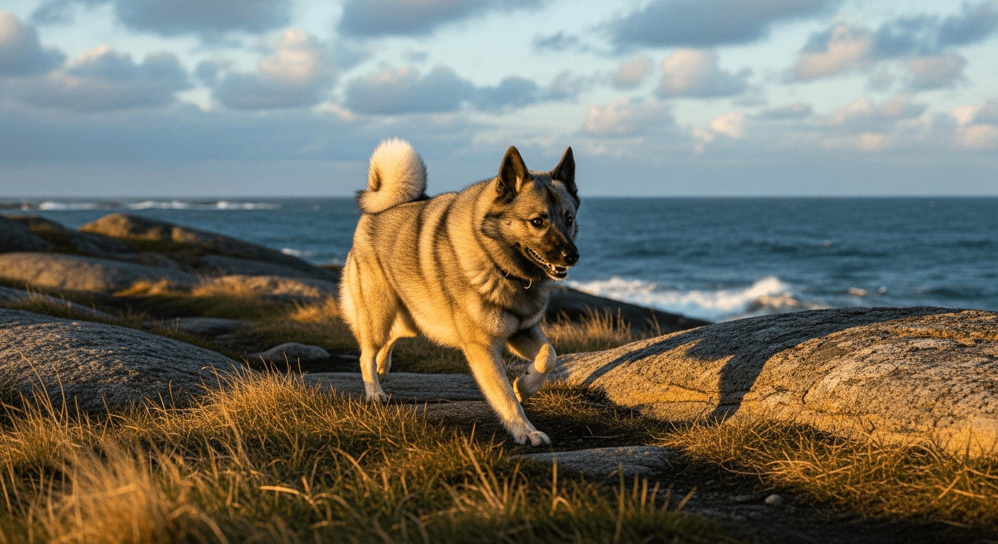 Hund ved norsk kyst, nær tørkestativer for hvit fisk