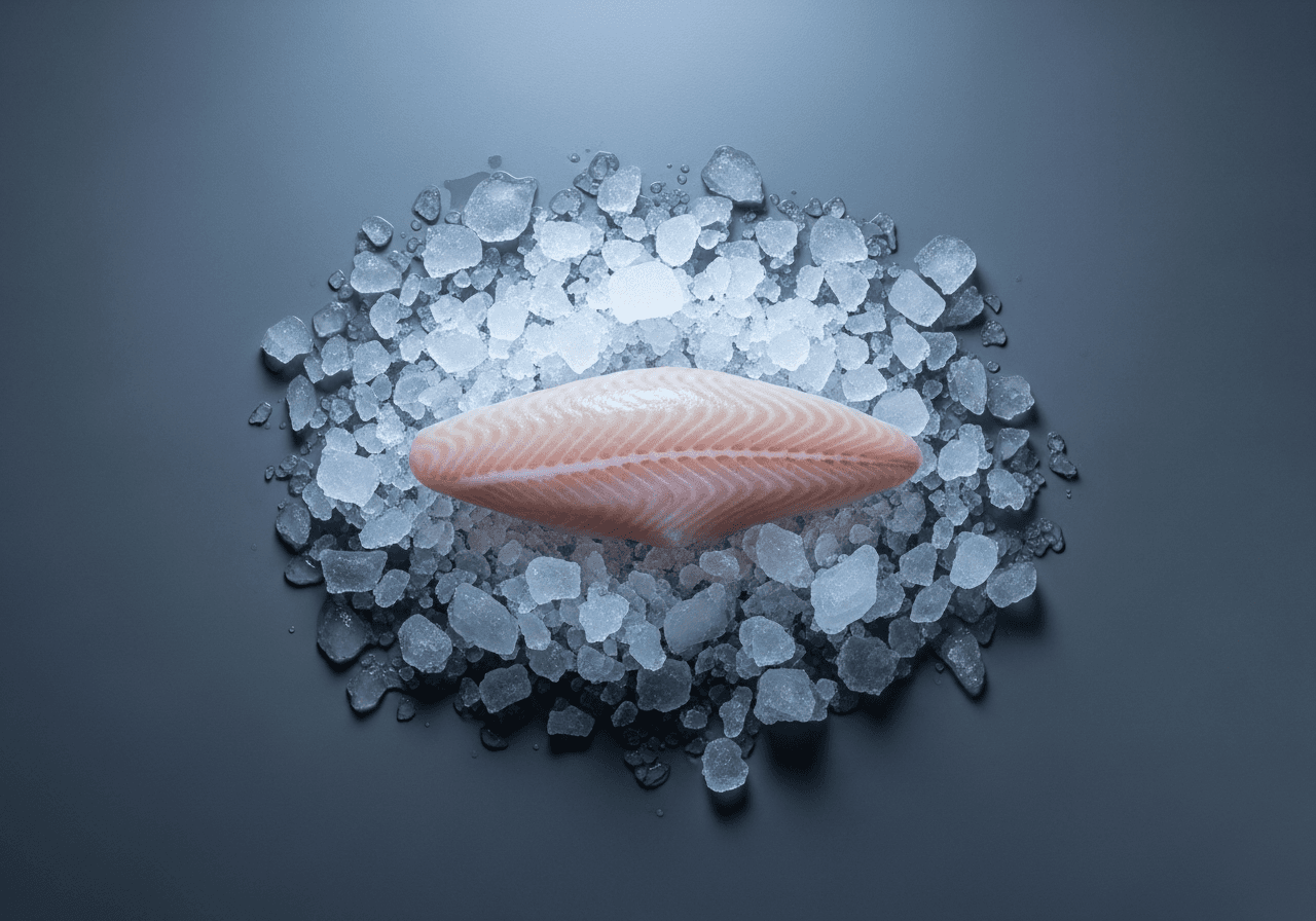 Oversiktsbilde av lufttørket hvit fisk brutt i biter, naturlig komplement til marin omega-3 for hund