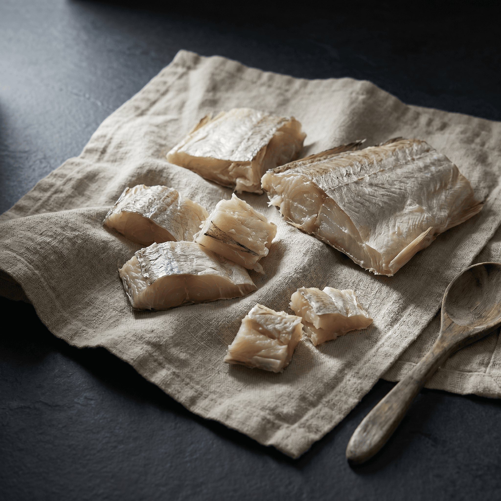Stilleben av lufttørket norsk hvit fisk, marine omega-3-kilder i sin enkleste form