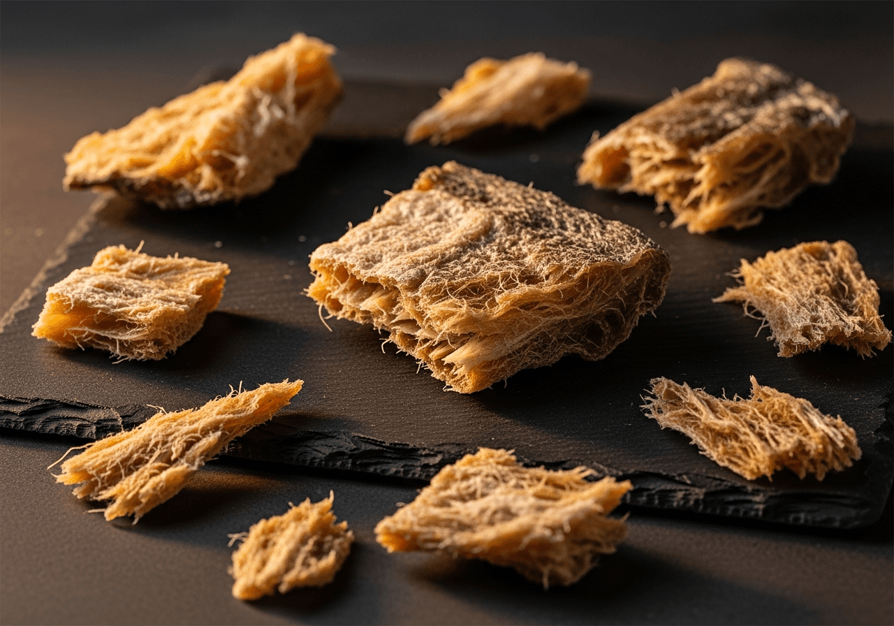 Stilleben av tørrfisk og torskeskinn, marine omega-3-kilder i sin enkleste form