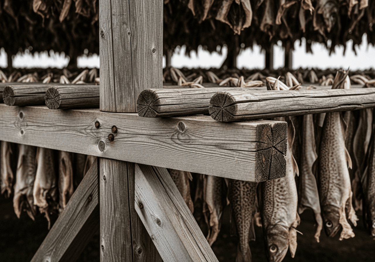 Tradisjonelle trerammer for lufttørking av torsk