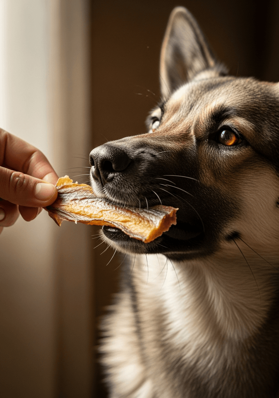 Norsk elghund får en bit lufttørket torsk fra hånden