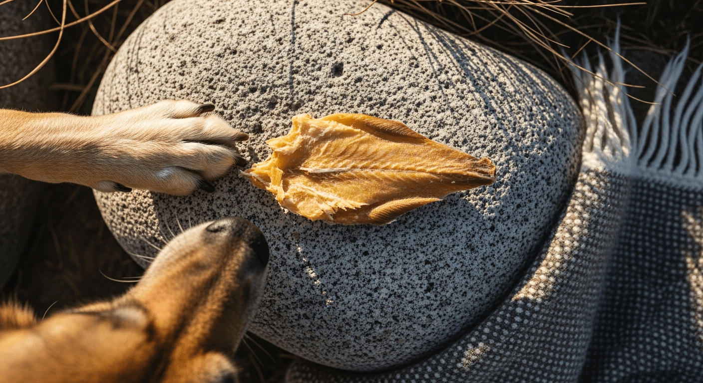 Hundens pote strekker seg mot en bit tørket hvit fisk på granitt